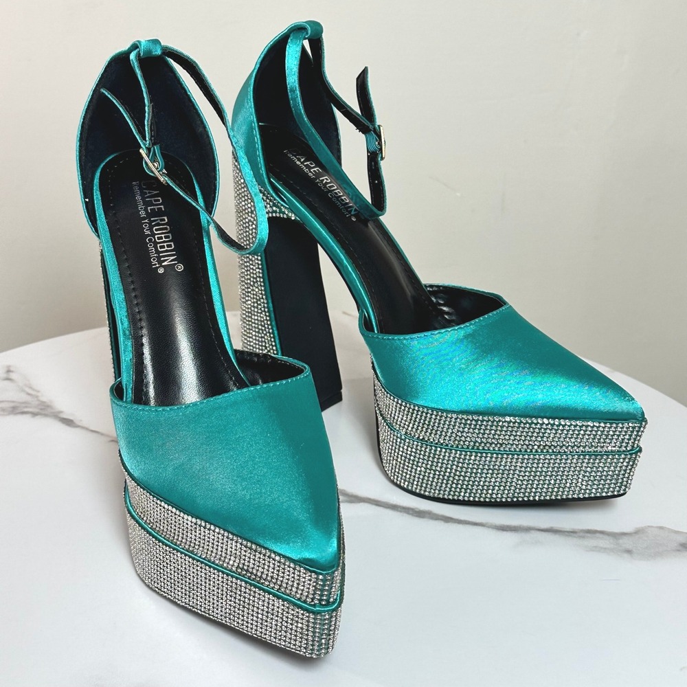 Cape Robbin Teal Platform Heels with Rhinestone Trim